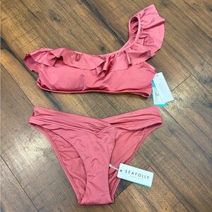 Seafolly Swim Suit Bikini Set Size 12 One Shoulder Ruffle Top Rust Pink NWT